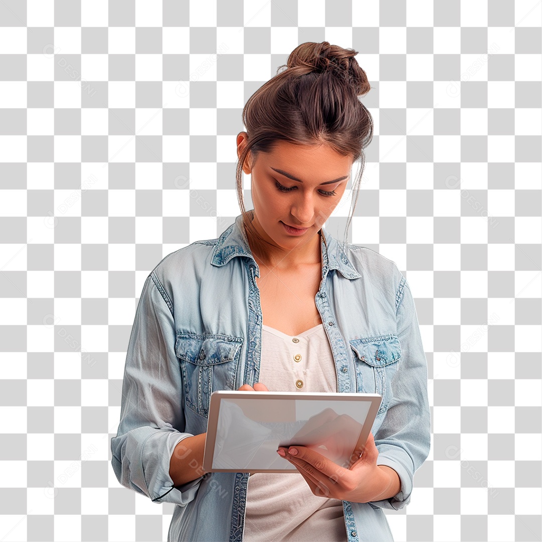 Mulher Segurando Tablet PNG Transparente