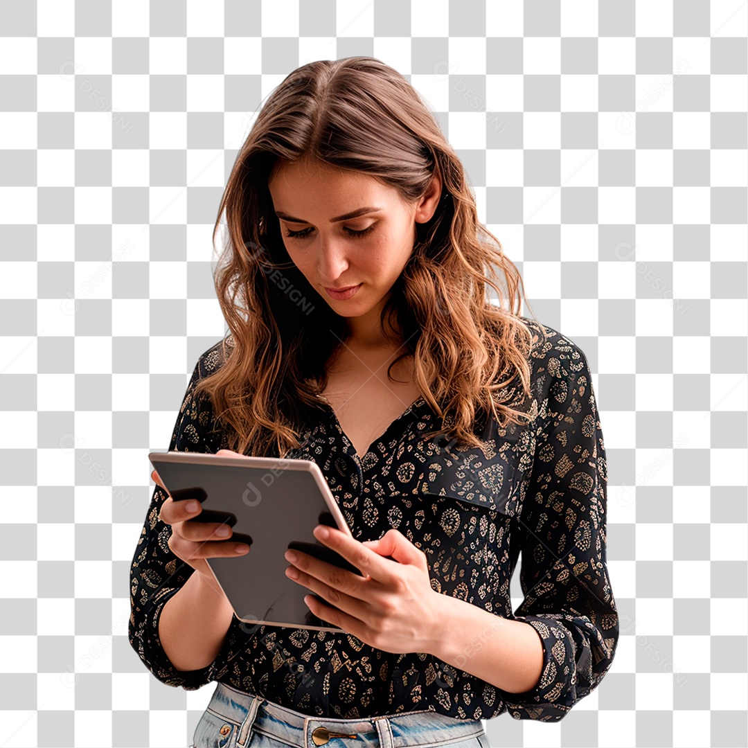 Mulher Segurando Tablet PNG Transparente