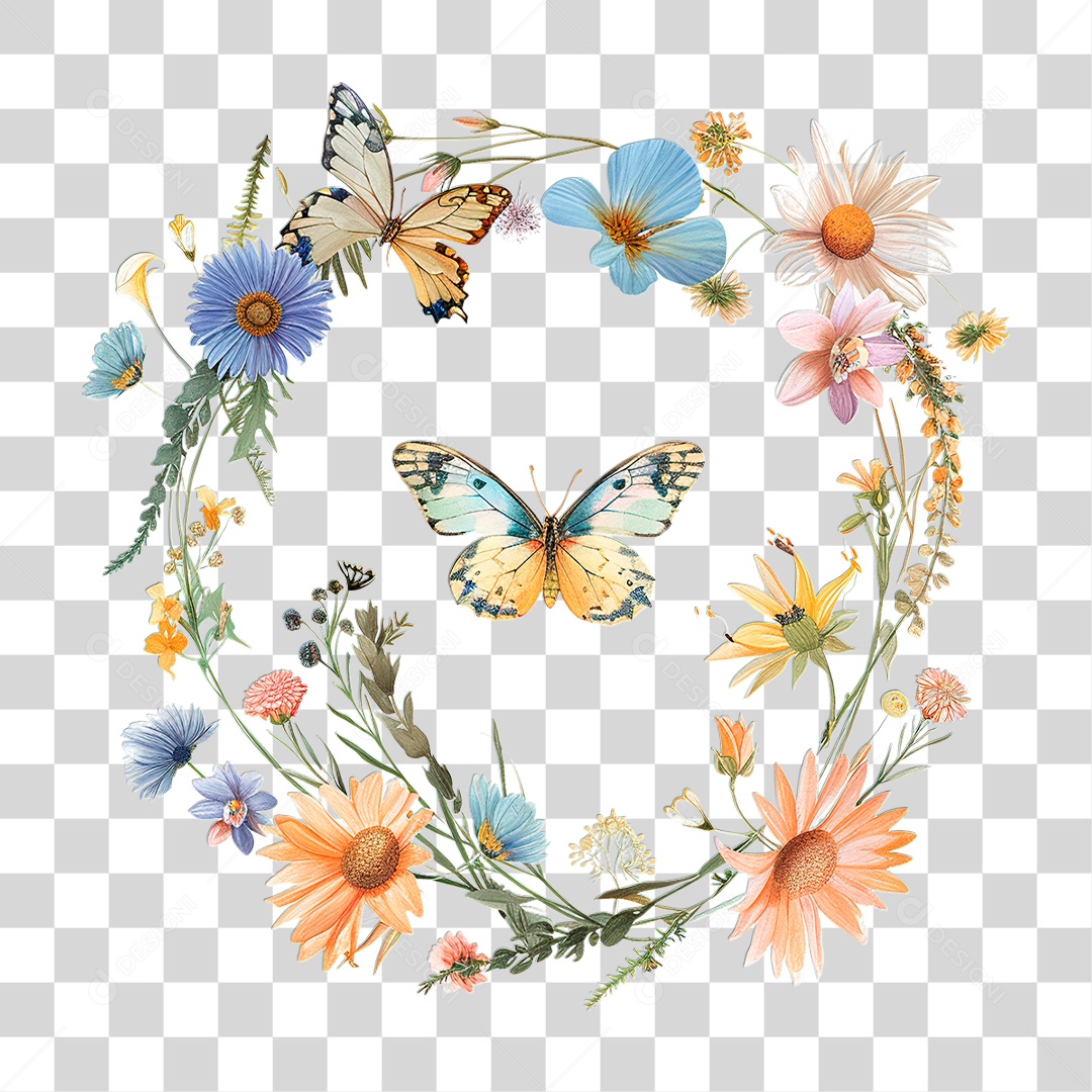 Flores com Borboleta PNG Transparente
