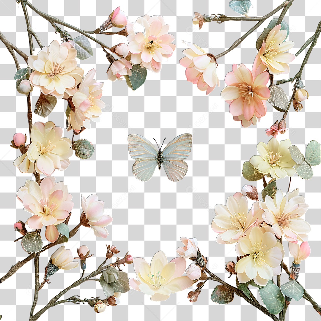 Flores com Borboleta PNG Transparente