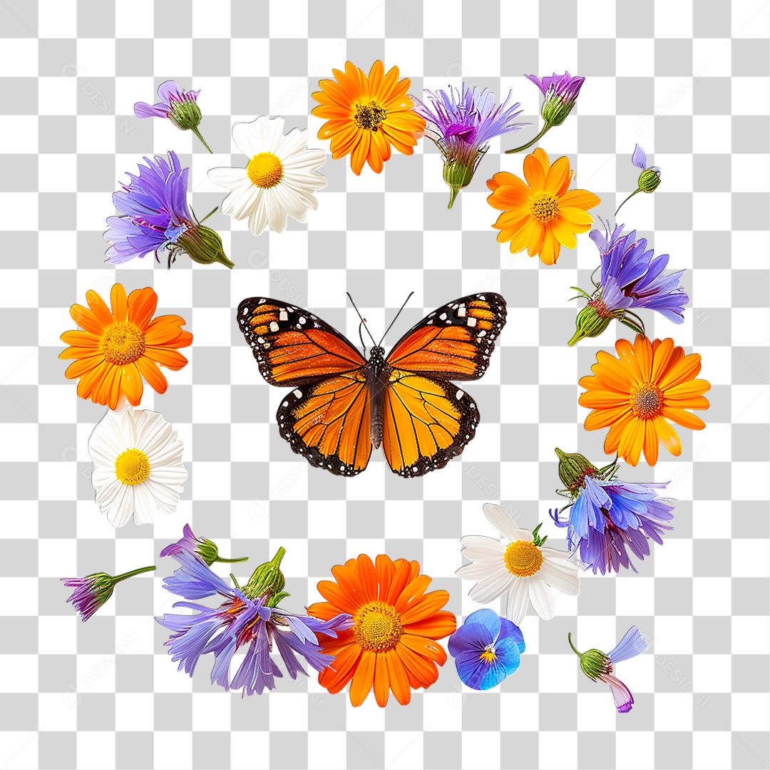 Flores com Borboleta PNG Transparente