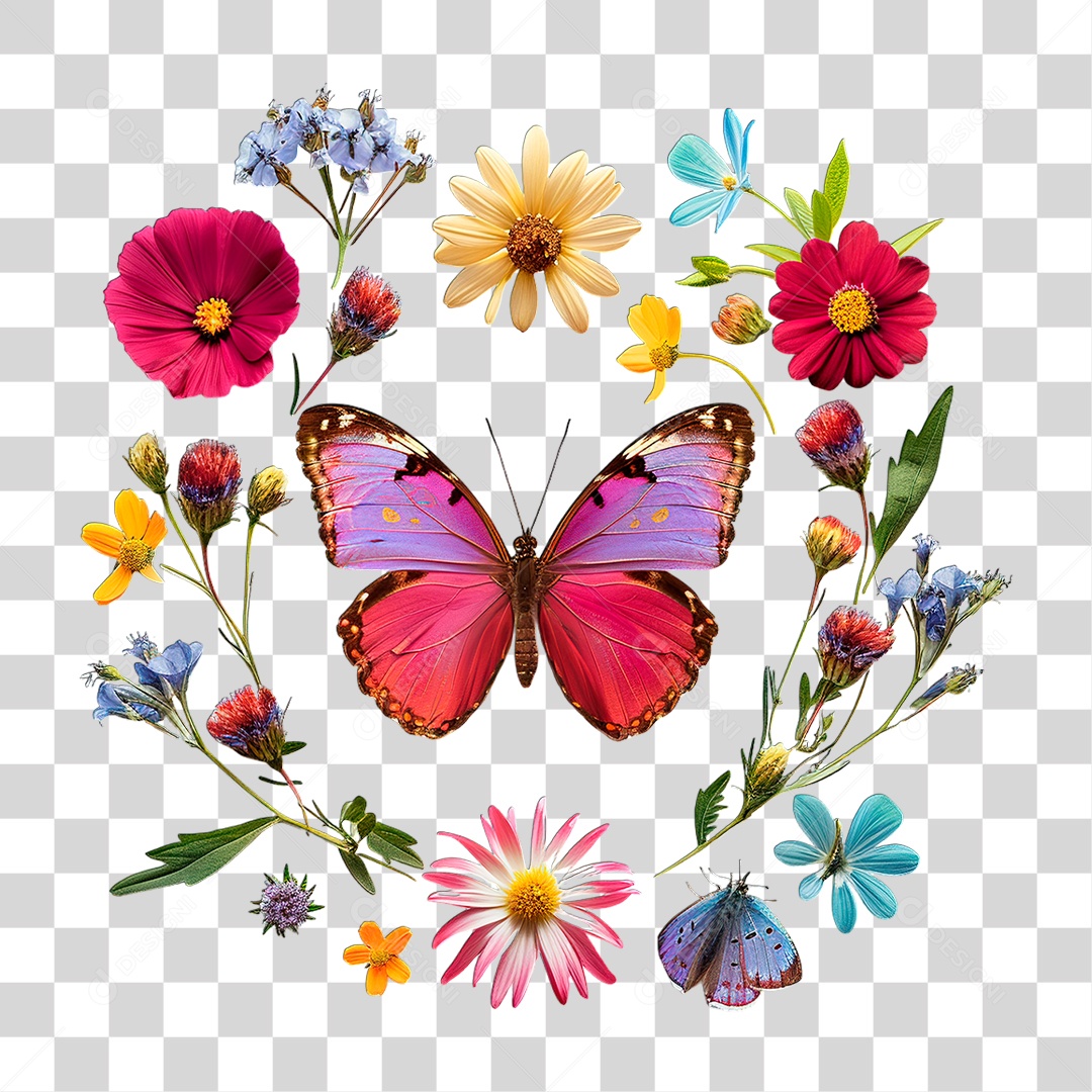 Flores com Borboleta PNG Transparente