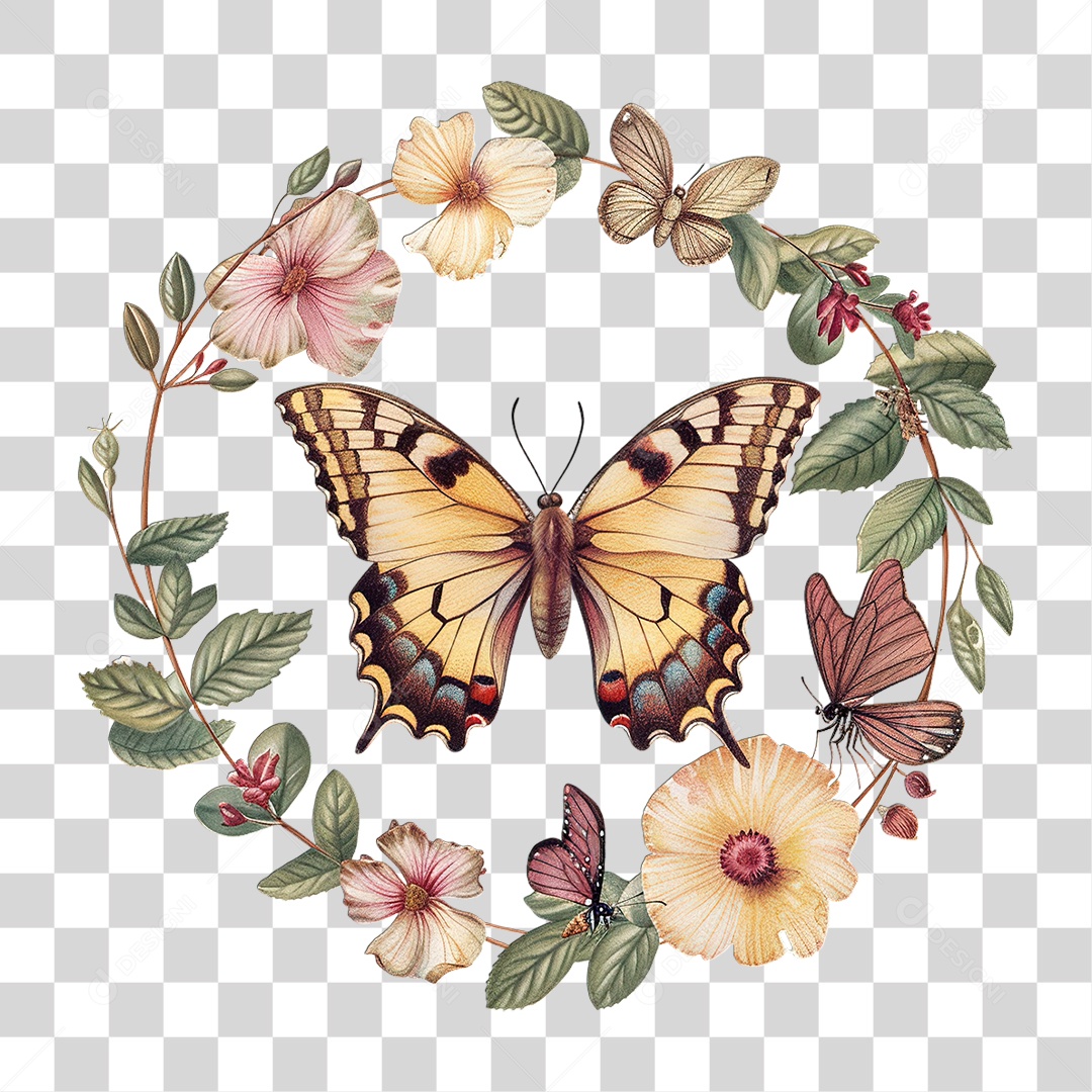 Flores com Borboleta PNG Transparente