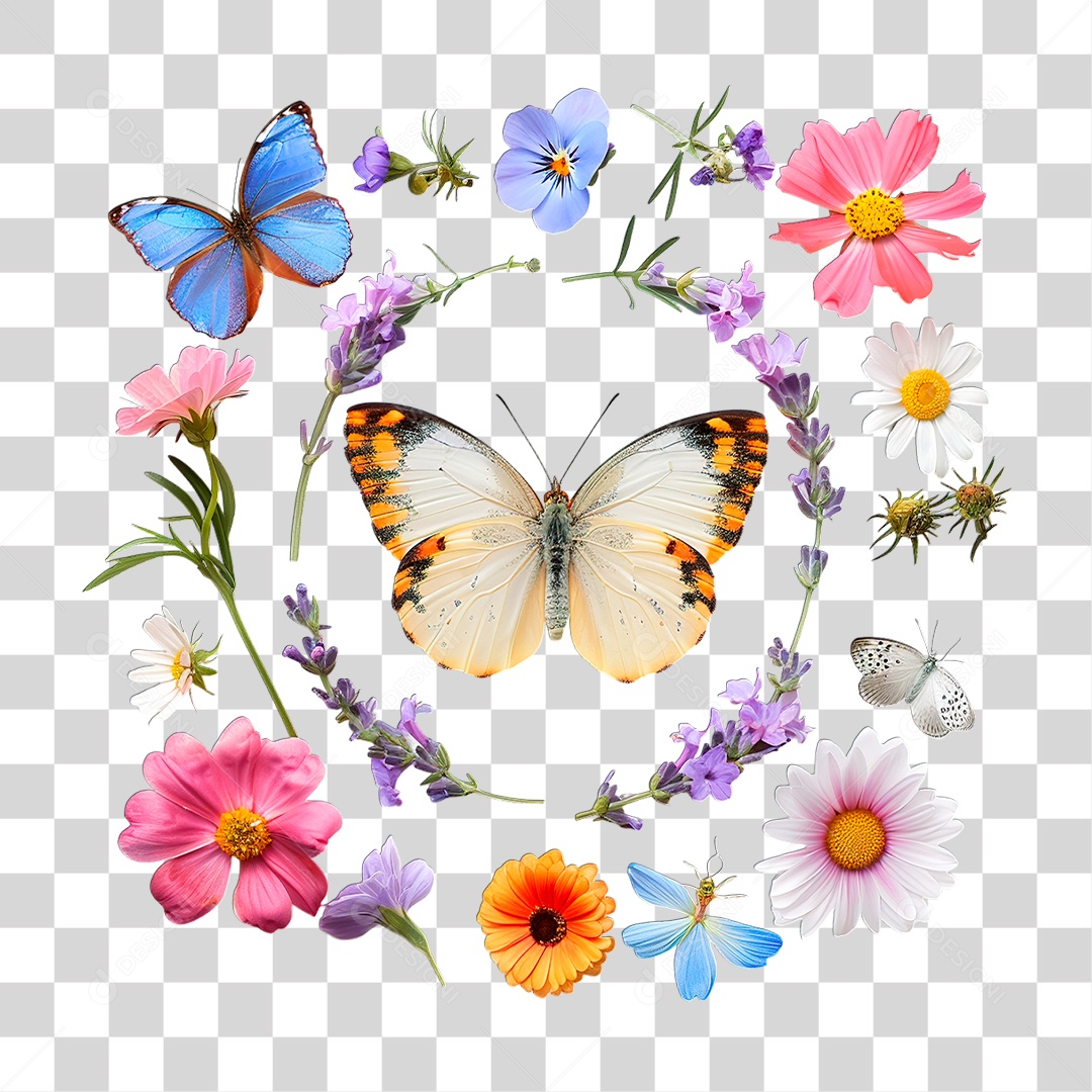 Flores com Borboleta PNG Transparente