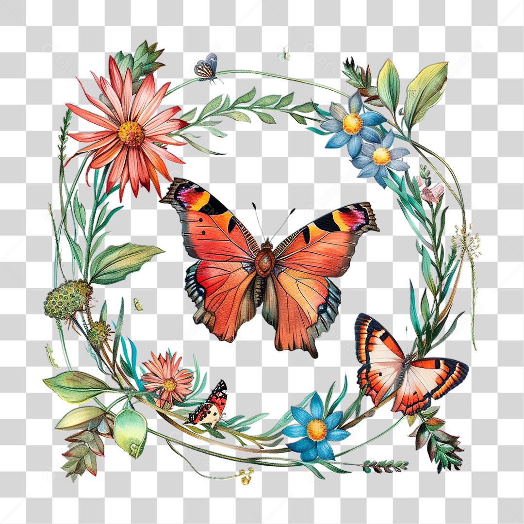 Flores com Borboleta PNG Transparente