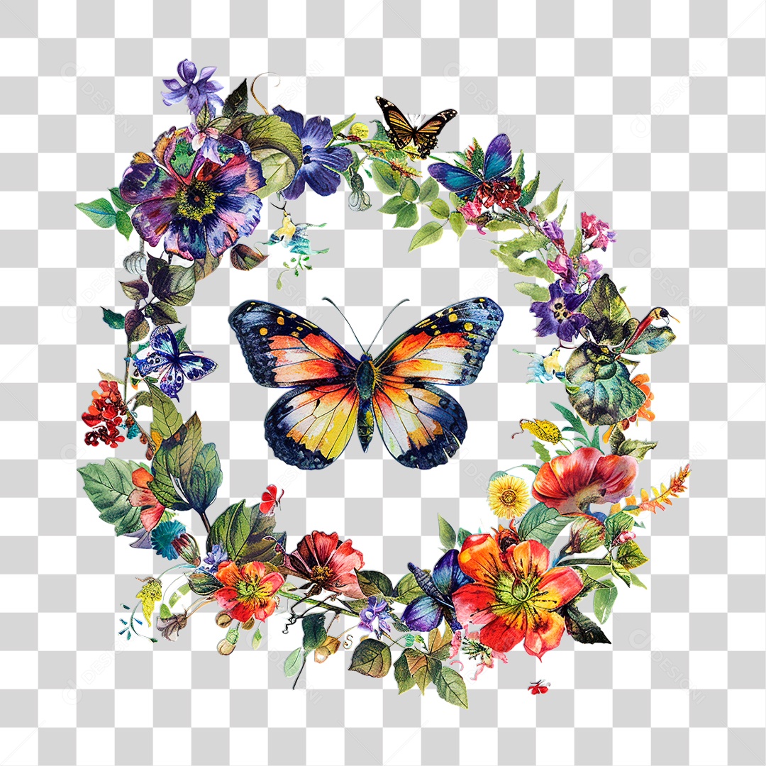 Flores com Borboleta PNG Transparente