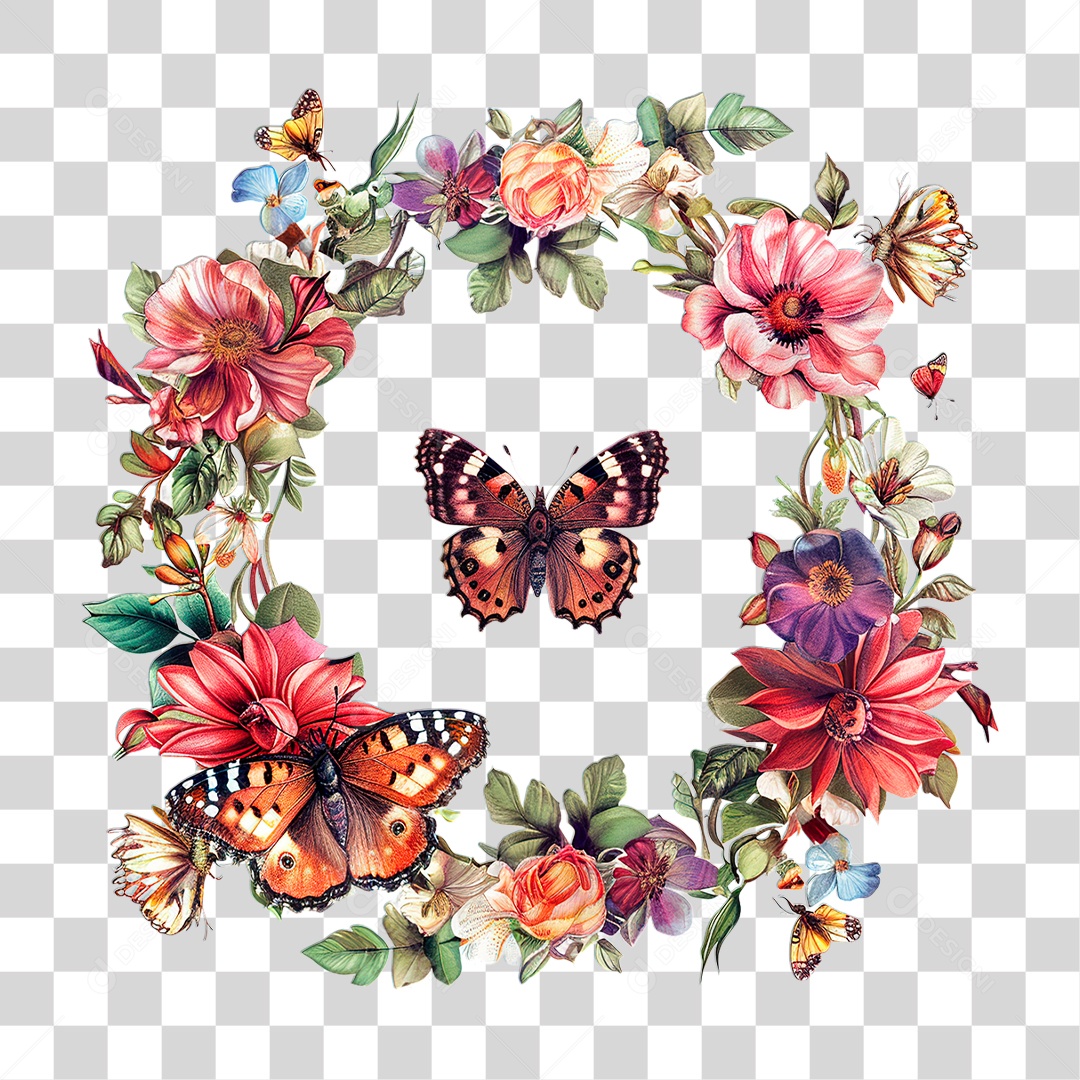 Flores com Borboleta PNG Transparente