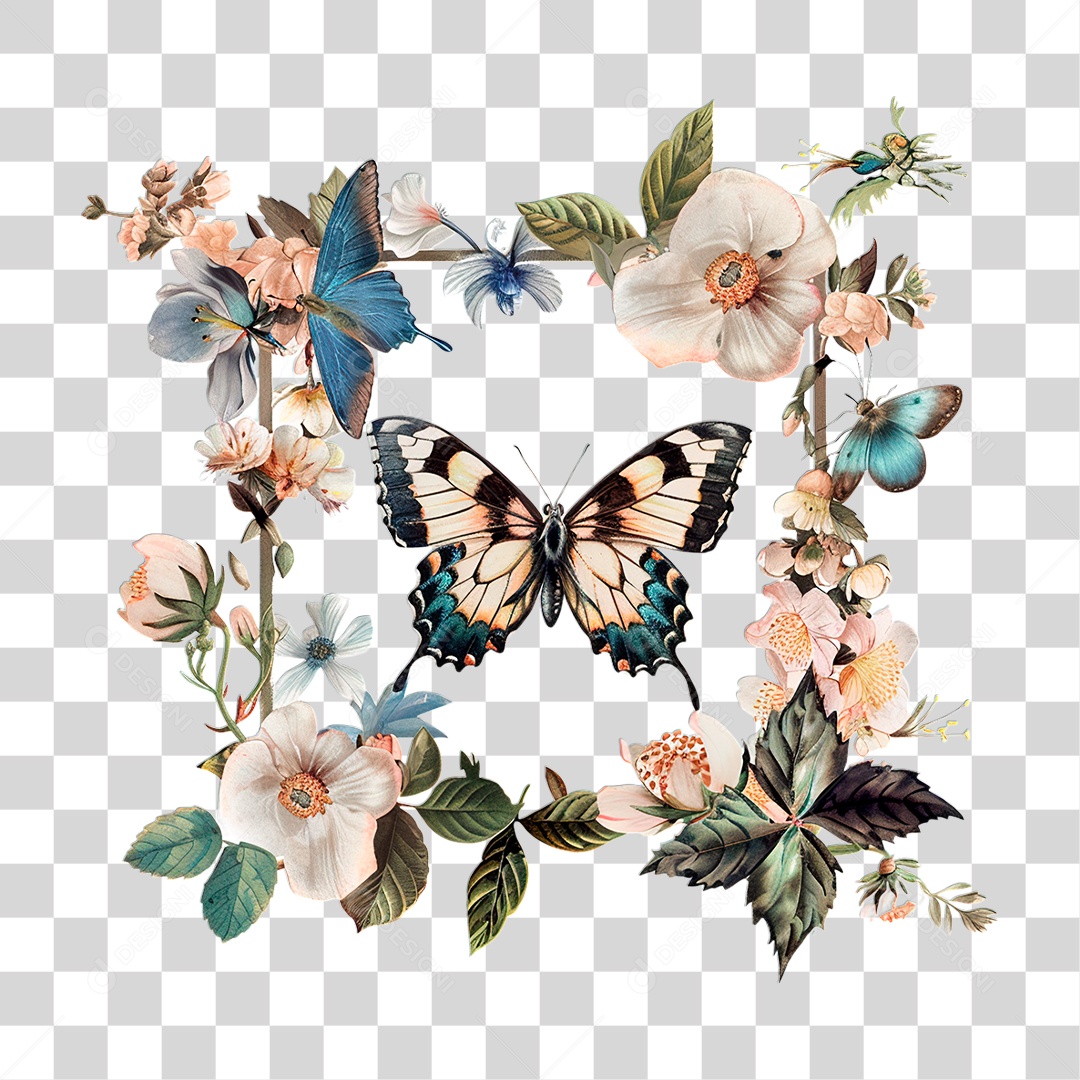 Flores com Borboleta PNG Transparente