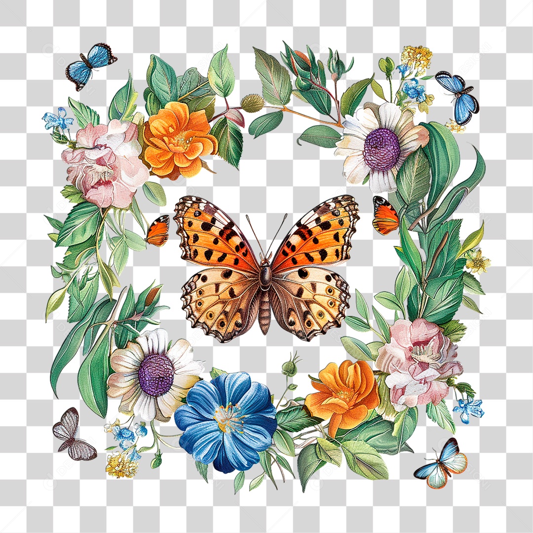 Flores com Borboleta PNG Transparente