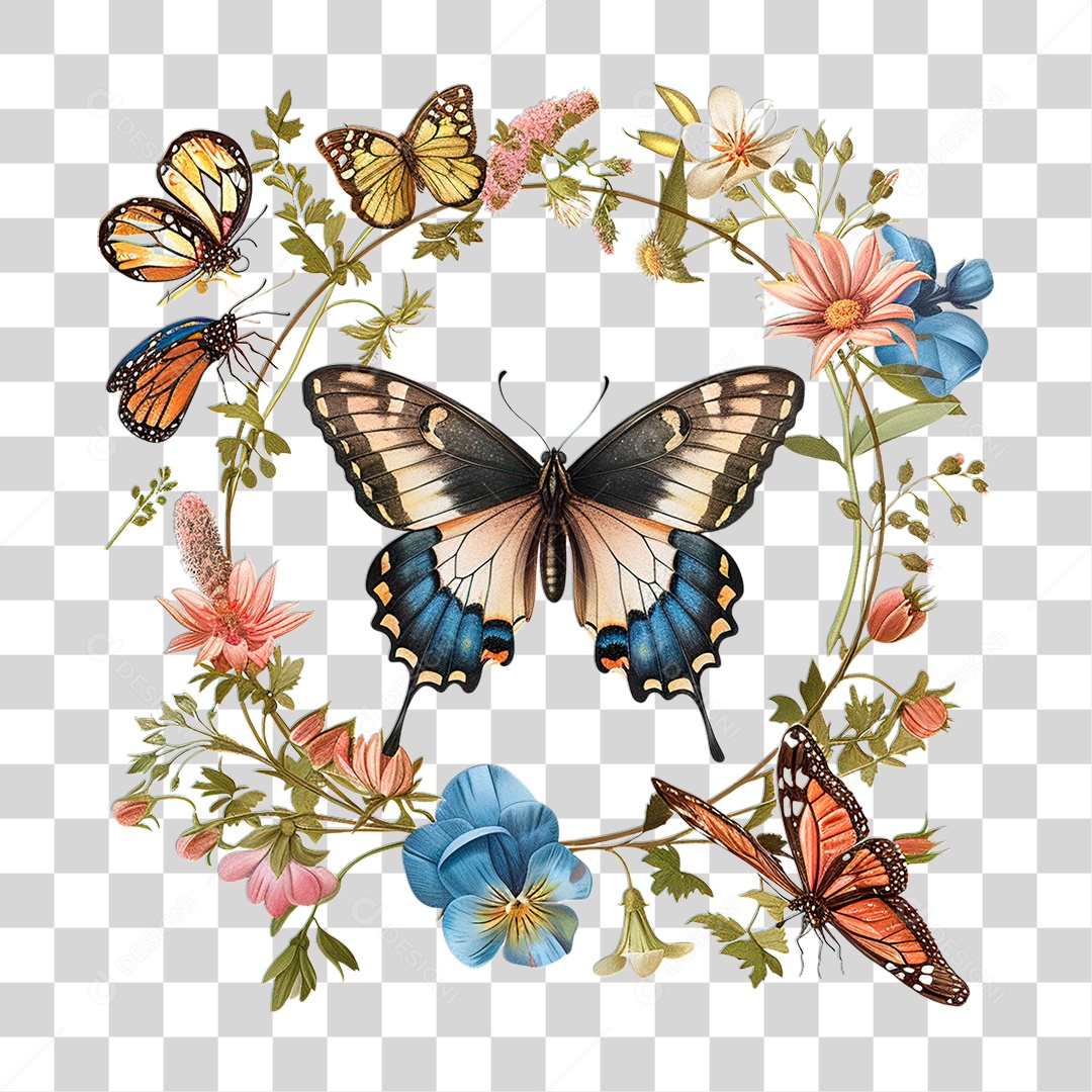 Flores com Borboleta PNG Transparente