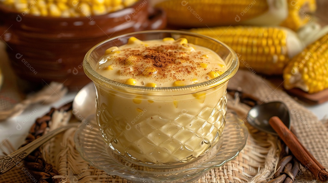 Tigela com curau de milho cremoso polvilhada com canela