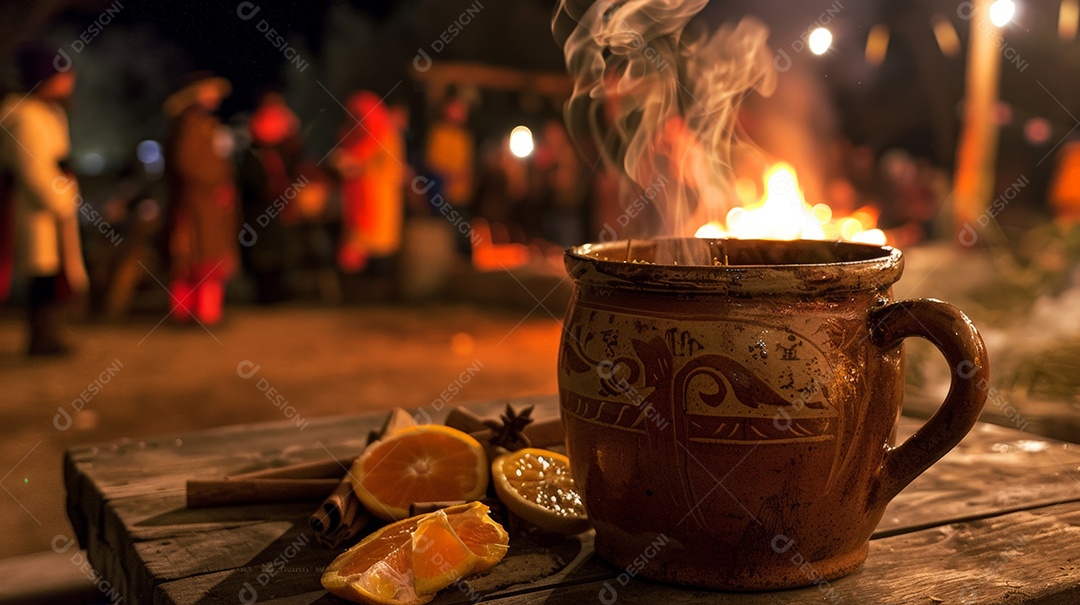 Caneca de barro rústica recheada de quentão fumegante