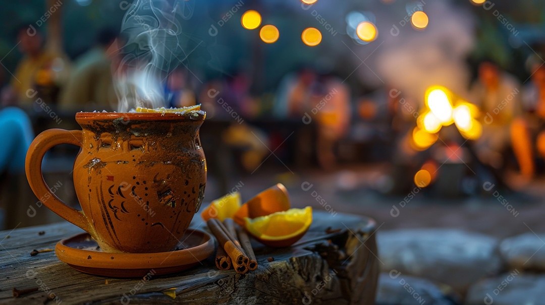 Caneca de barro rústica recheada de quentão fumegante
