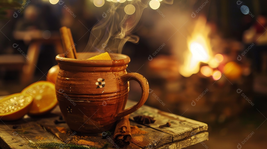 Festa junina mostrando uma caneca de barro rústica recheada de quentão fumegante