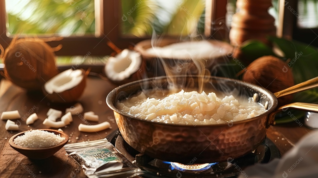 Cozinha rústica com panela de cobre no fogão preparando cocada