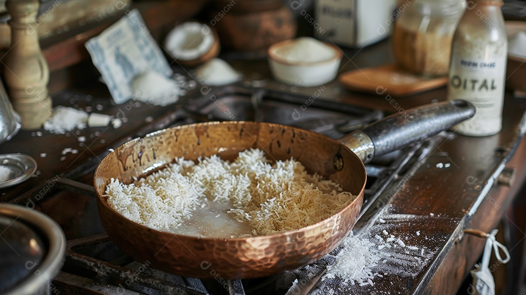 Cozinha rústica com panela de cobre no fogão preparando cocada