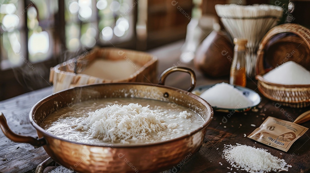 Cozinha rústica com panela de cobre no fogão preparando cocada