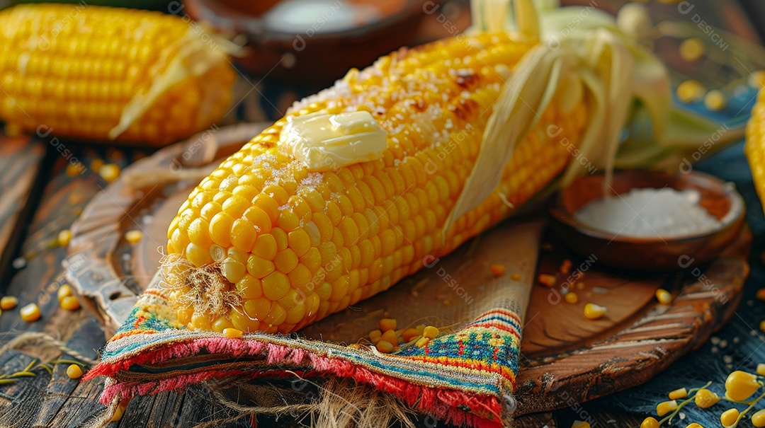 Milho cozido com manteiga derretida