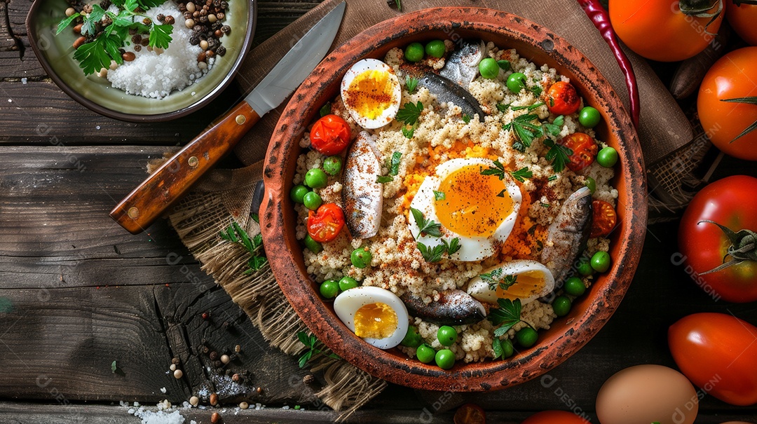 Cuscuz paulista decorado com sardinha ovos cozidos