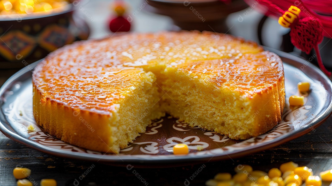 Bolo de fubá com fatia tirada uma delicia