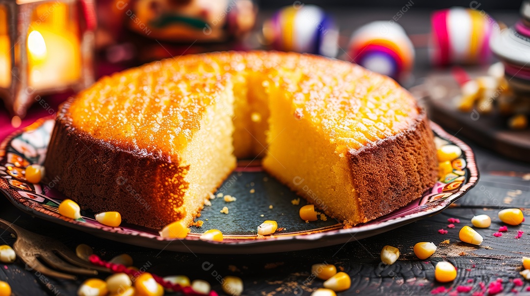 Bolo de fubá assado cortado em fatias grossas