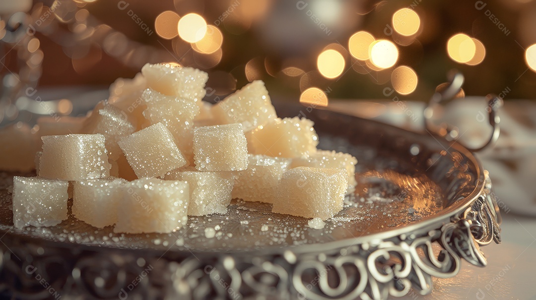 Bandeja de prata recheada com pedaços de doce de coco branco