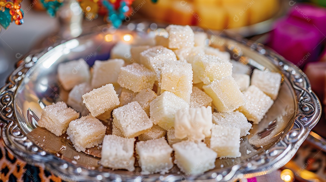 Bandeja de prata recheada com pedaços de doce de coco branco