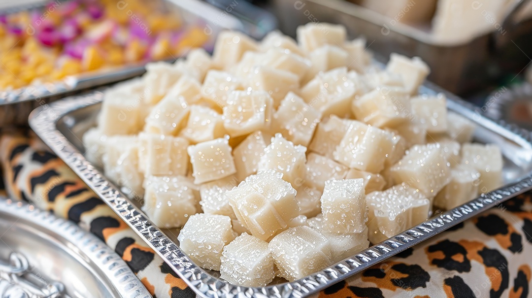 Bandeja de prata recheada com pedaços de doce de coco branco