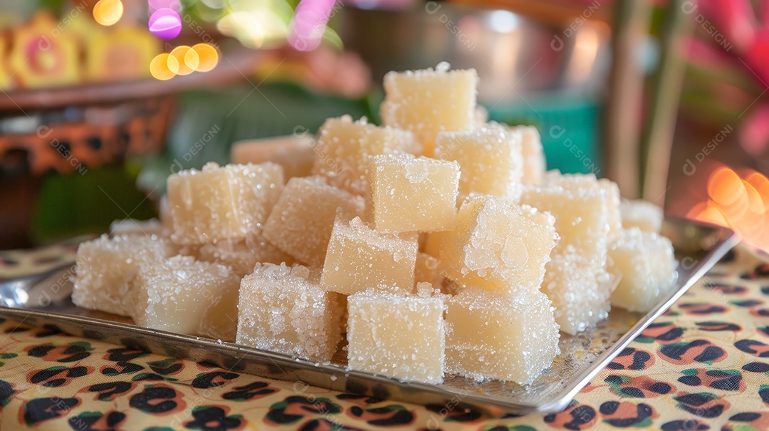 Bandeja de prata recheada com pedaços de doce de coco branco