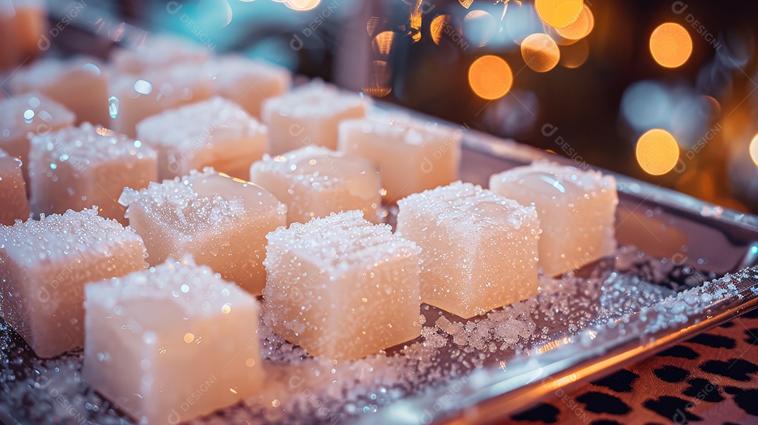 Bandeja de prata recheada com pedaços de doce de coco branco