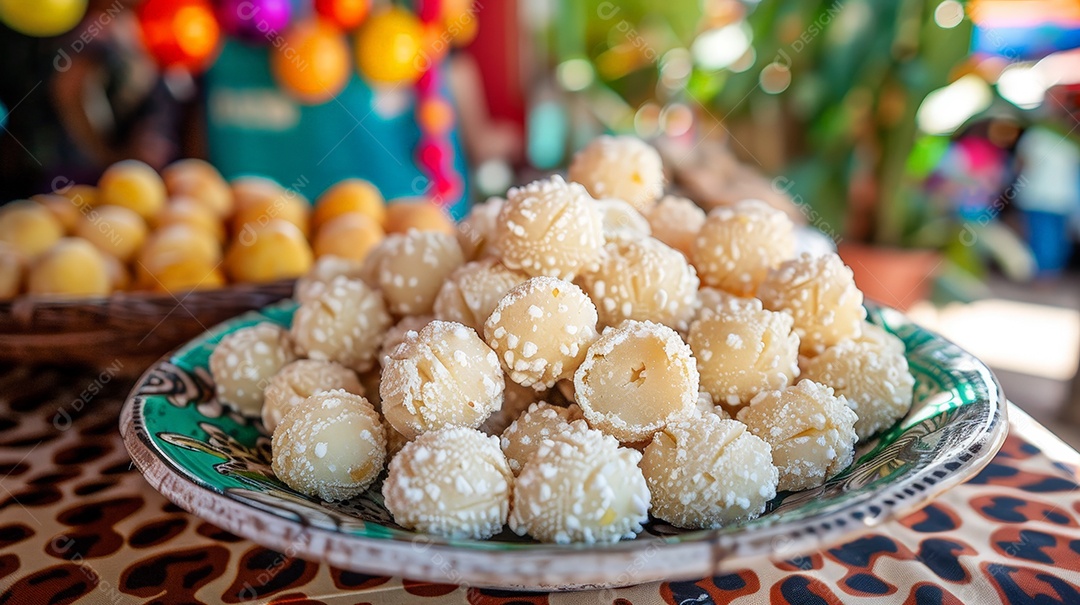 Prato de cerâmica cheio de docinhos de coco deliciosos