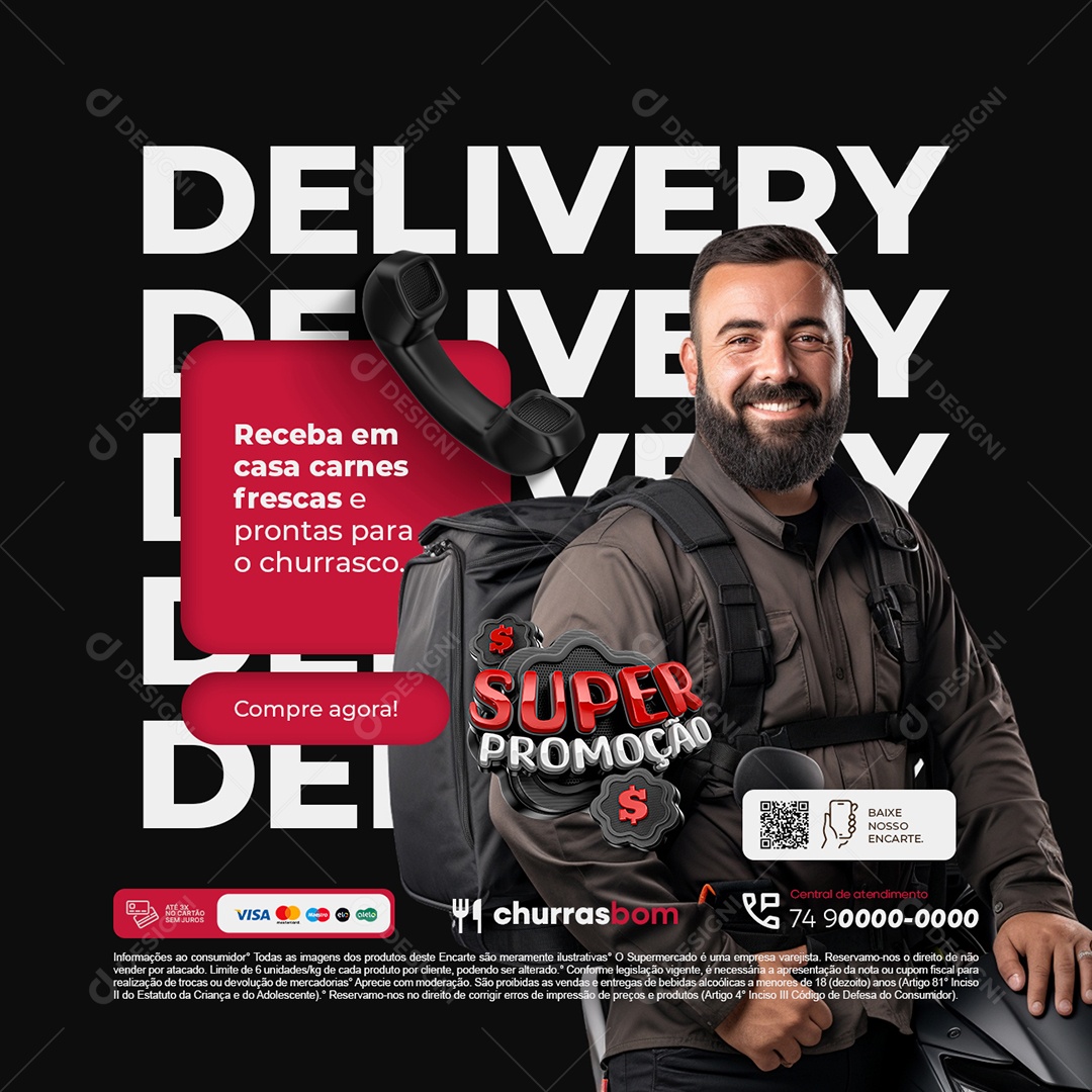 Super Promoção Delivery Receba em Casa de Carne Social Media PSD Editável