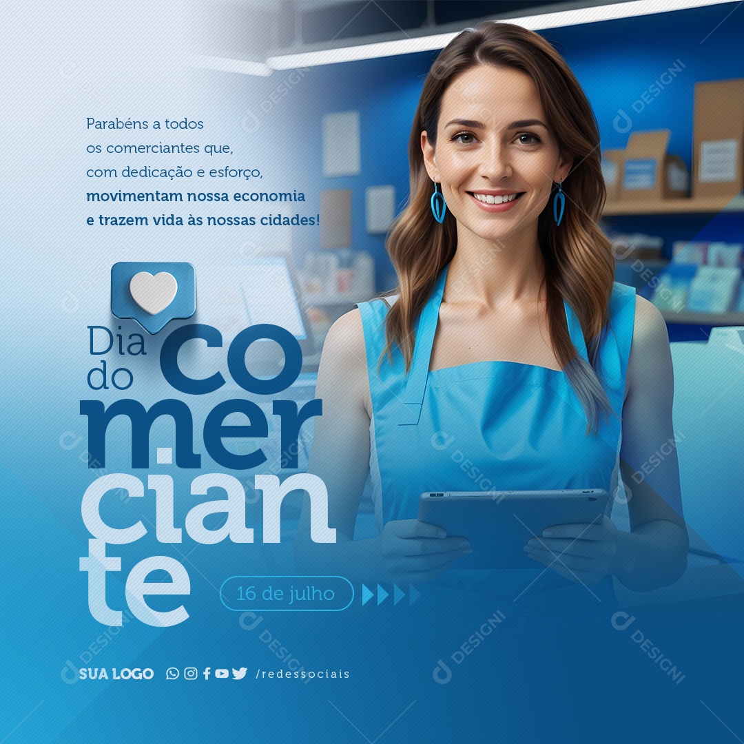 Dia do Comerciante 16 de Julho Parabéns Social Media PSD Editável