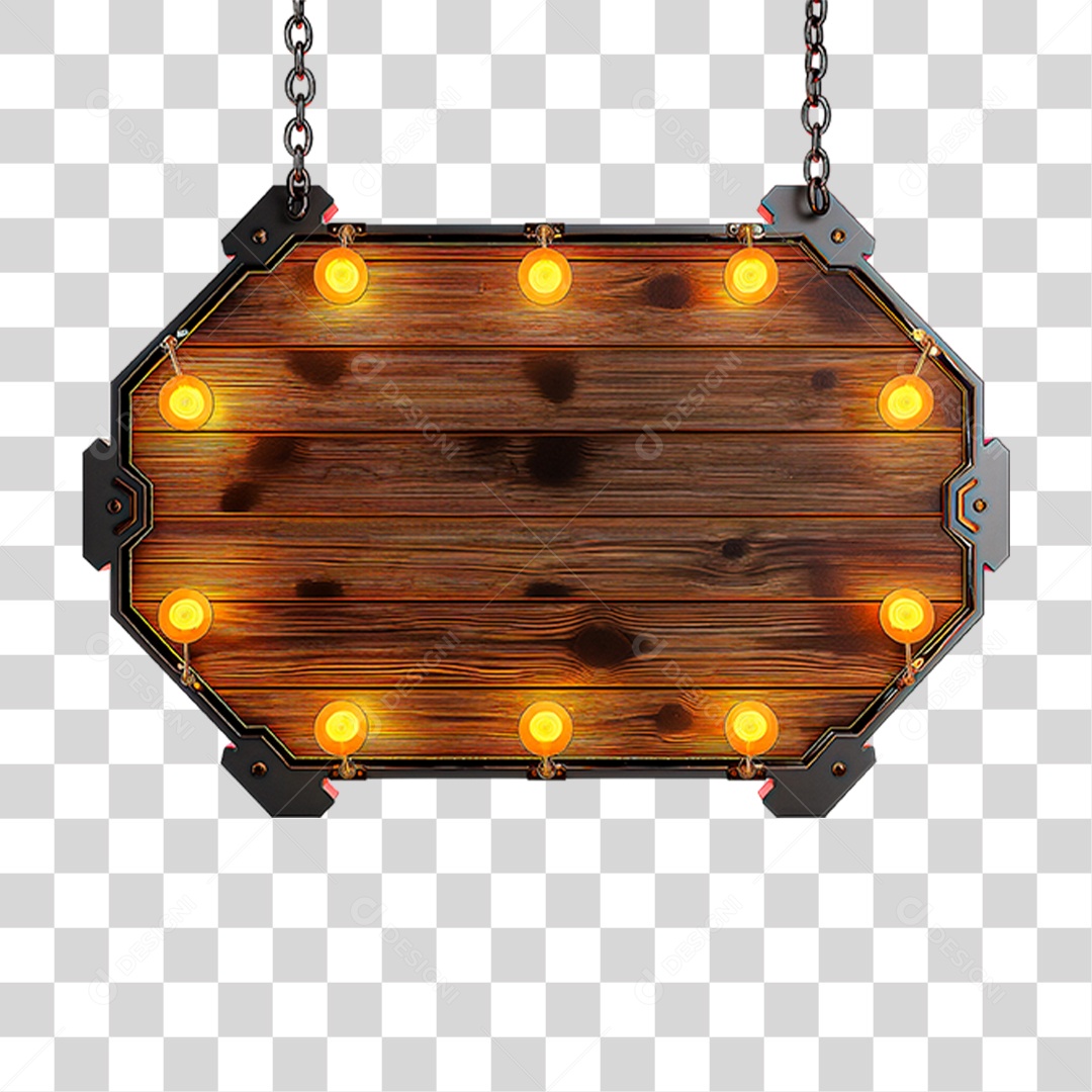 Placa de Madeira com Neon e Luzes PNG Transparente