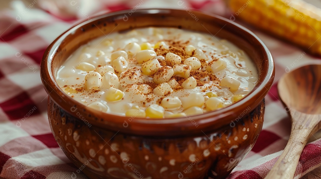 Canjica cremosa em tigela rústica com leite