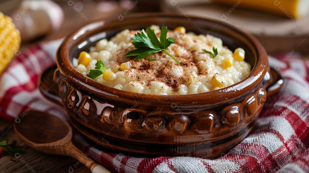 Canjica deliciosa em uma linda tigela de cerâmica