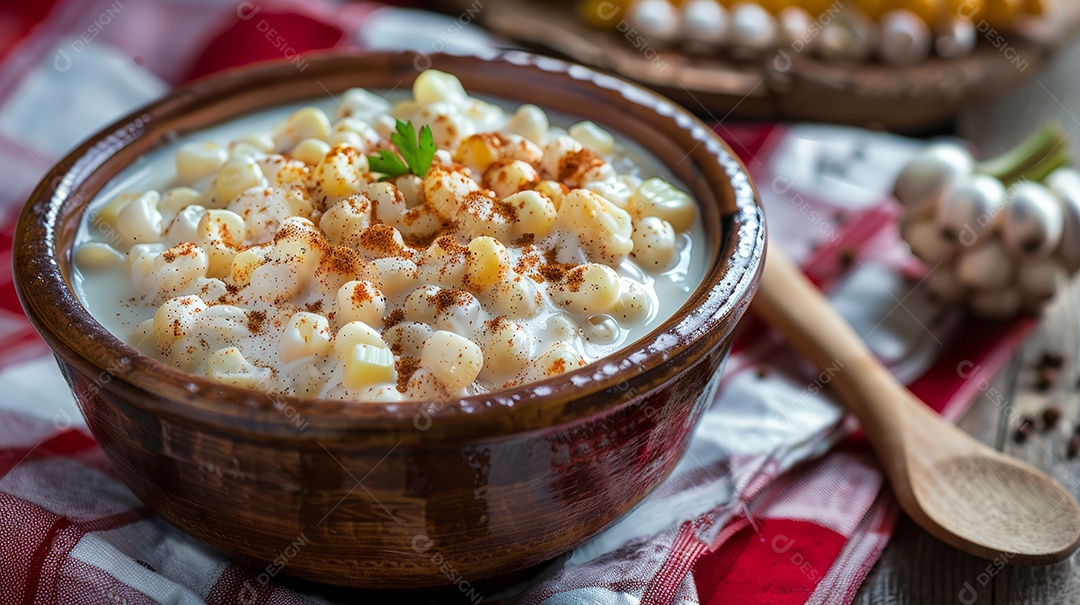 Tigela de cerâmica com canjica e canela