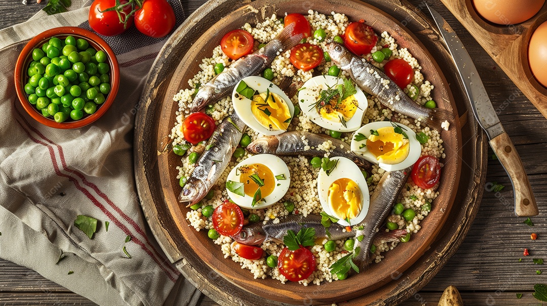 Cuscuz paulista decorado com ovos tomates e sardinha