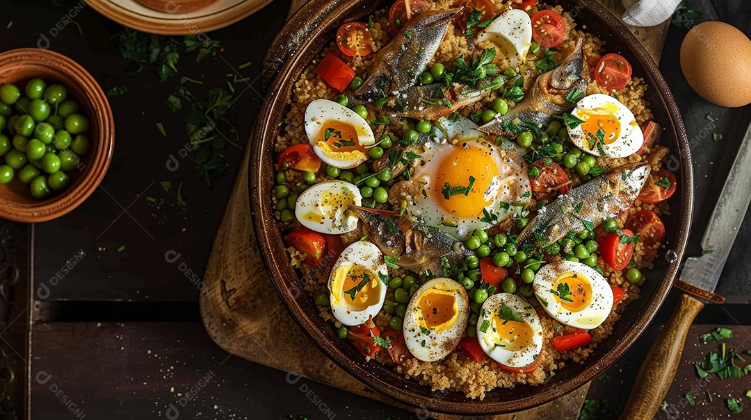 Cuscuz paulista decorado com ovos tomates e sardinha