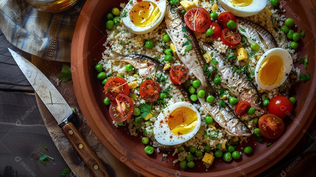 Cuscuz paulista decorado com sardinha ovos cozidos