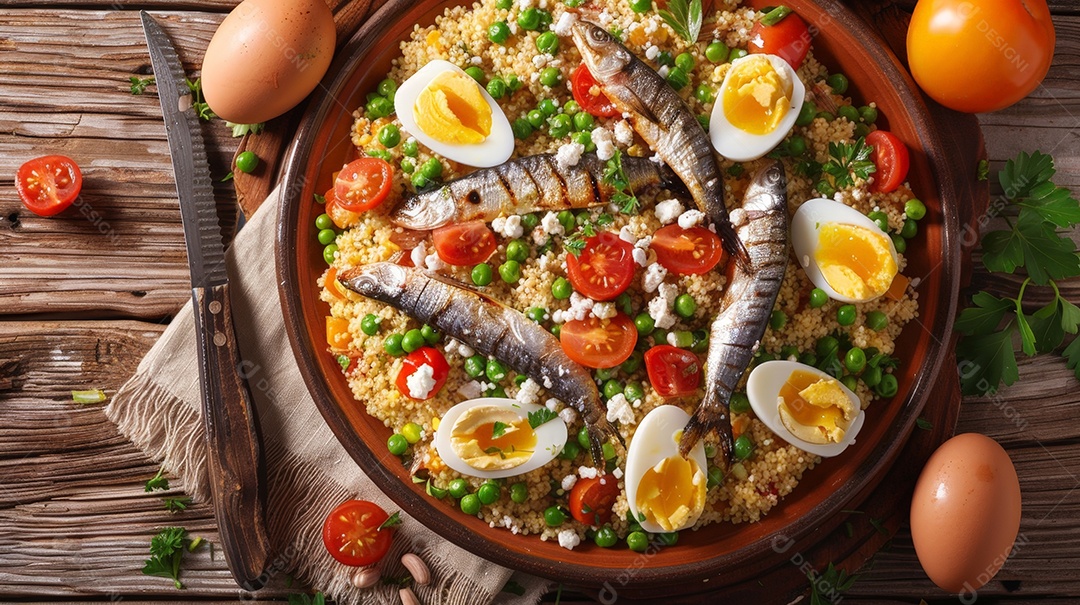 Cuscuz paulista decorado com sardinha ovos cozidos