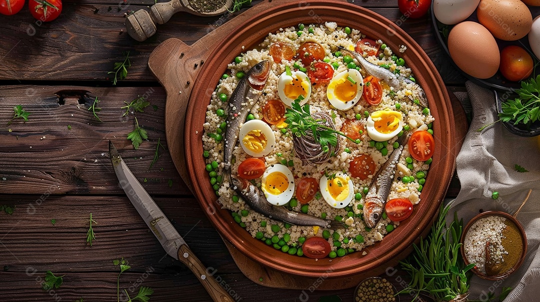 Cuscuz paulista decorado com ovos tomates e sardinha