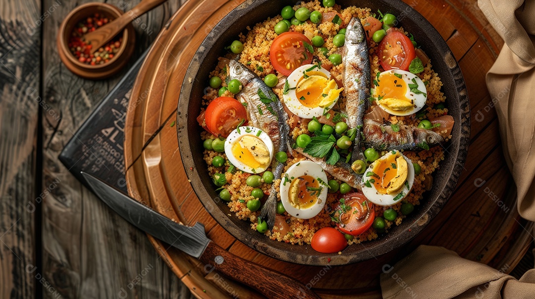 Cuscuz paulista decorado com sardinha ovos cozidos