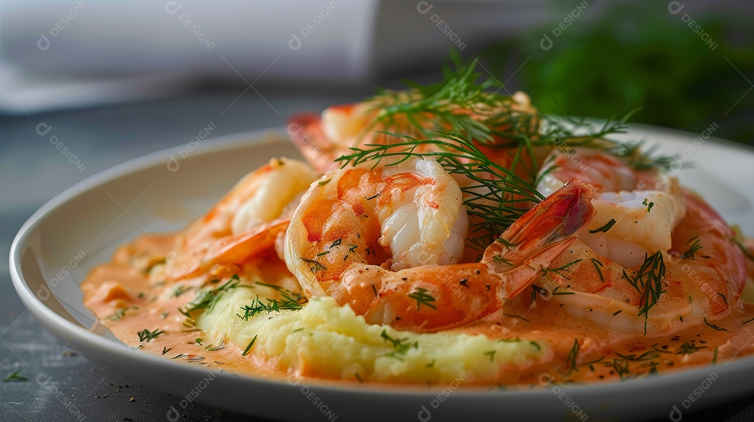 Purê de batatas com estrogonofe de camarão