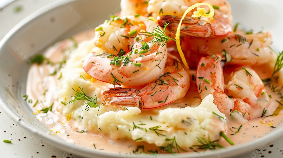 Purê de batatas com estrogonofe de camarão