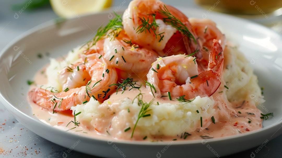 Purê de batatas com estrogonofe de camarão