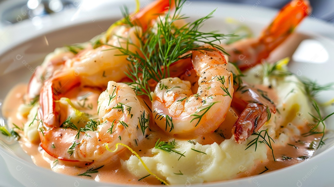 Estrogonofe de camarão grande ao molho cremoso rosa e purê de batatas