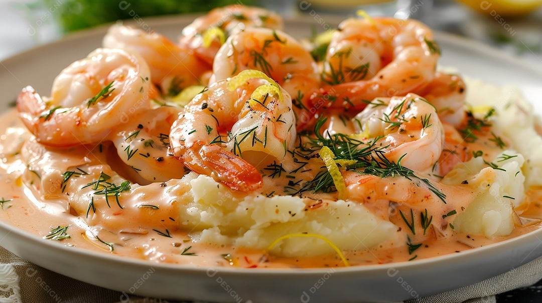 Estrogonofe de camarão grande ao molho cremoso rosa e purê de batatas