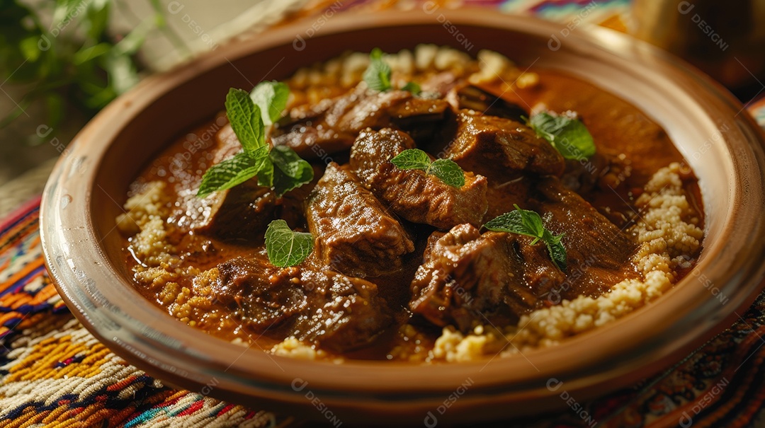 Estrogonofe de cordeiro exótico com molho espesso e cuscuz marroquino