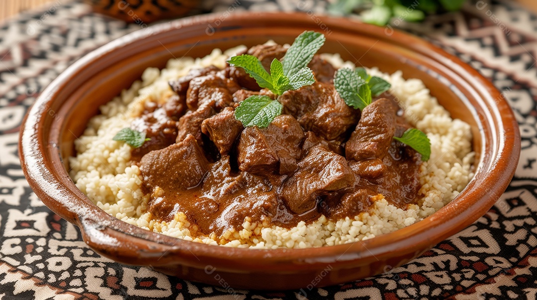 Estrogonofe de cordeiro exótico com molho espesso e cuscuz marroquino